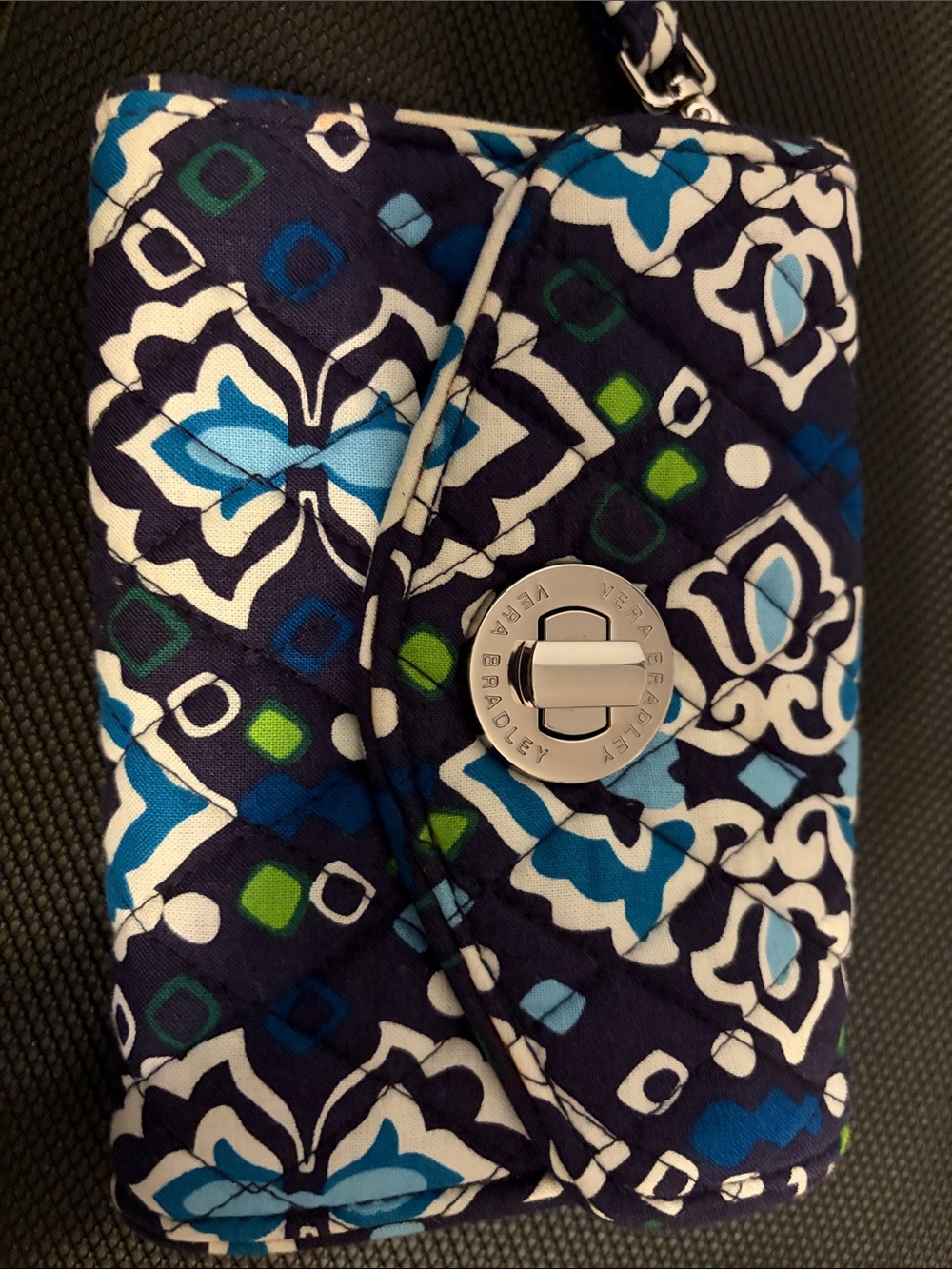 Vera Bradley Quilted Turn-Lock Wristlet in Navy, Blue & Green. NWT.